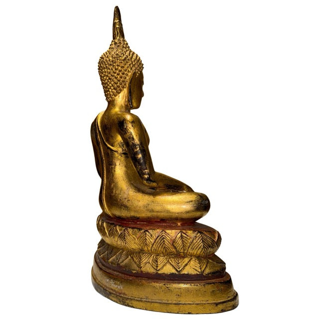 Schwere thailändische Buddha-Statue aus Bronze mit alter Patina, Vergoldung und kraftvoller Ausstrahlung