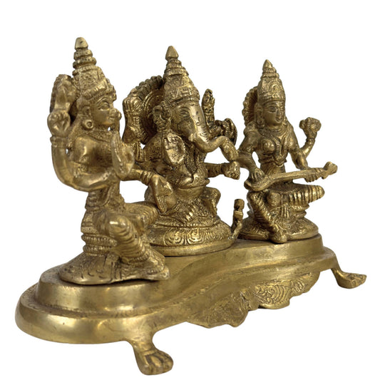 Schwere Hindu-Statue von Ganesha, Lakshmi und Saraswati aus Messing oder Bronze