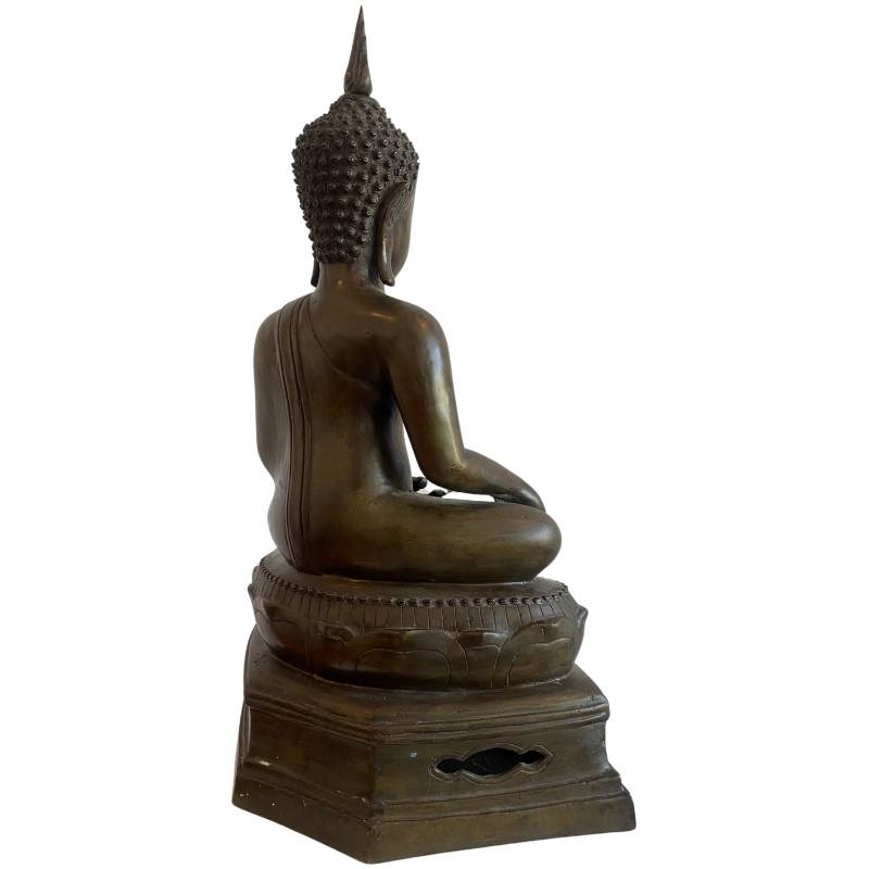 Schwerer thailändischer Bronze-Buddha in Bhumisparsha-Mudra mit alter Patina